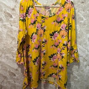 Bobbie Brooks Floral Tunic‎ Top Ruffle Sleeve Bright Yellow Pink 1X